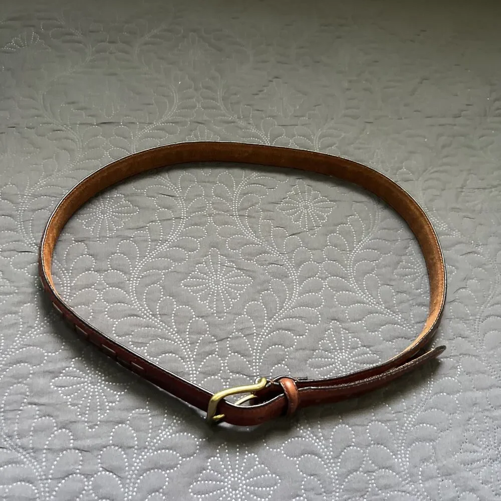John Henry Full Grain Oil Tan Cowhide Leather Belt SZ38 Brown Woven w/Brass Buck